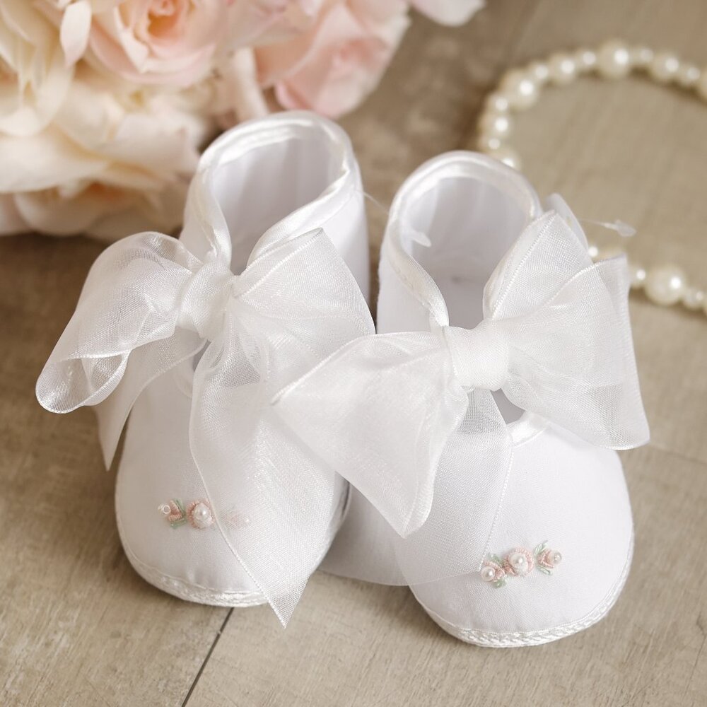 White Crib Shoe with Pearl and Floral Bullion Embroidery AVAILABLE TO BUNDLE